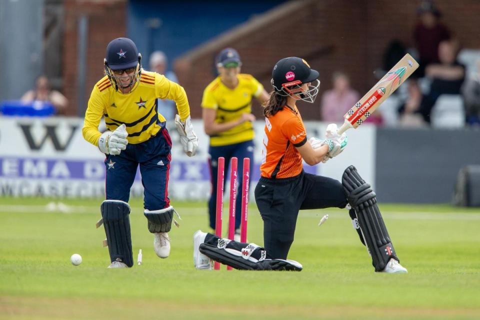 Southern Vipers Maia Bouchier is bowled by South East Stars Tilly Corteen-Coleman during the Charlotte Edwards Cup semi-final <i>(Image: PA)</i>