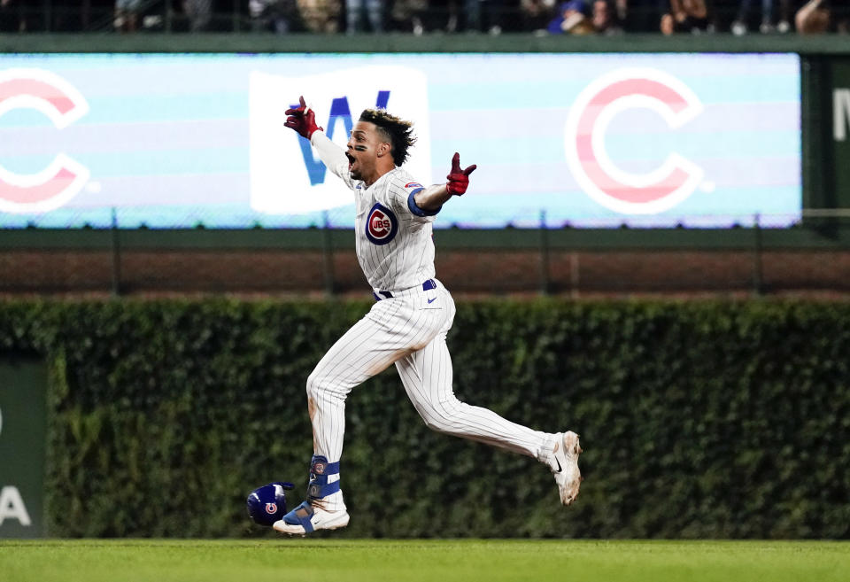 CHICAGO, ILLINOIS - AUGUST 16: Christopher Morel #5 of the Chicago Cubs celebrates after hitting a walk-off three-run home run against the Chicago White Sox at Wrigley Field on August 16, 2023 in Chicago, Illinois. The Cubs defeated the White Sox 4-3. (Photo by Nuccio DiNuzzo/Getty Images)