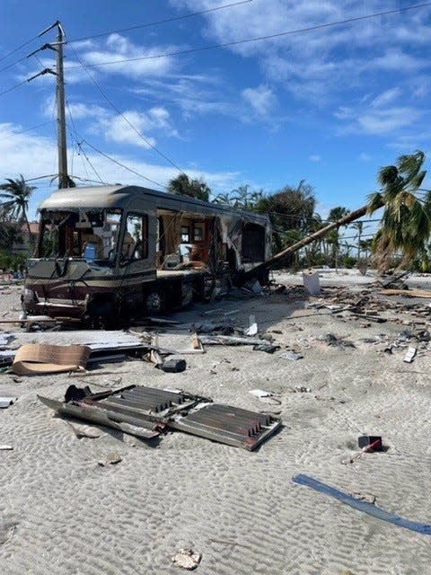 An RV parked on Fort Myers Beach was destroyed by Hurricane Ian on Sept. 28, 2022.