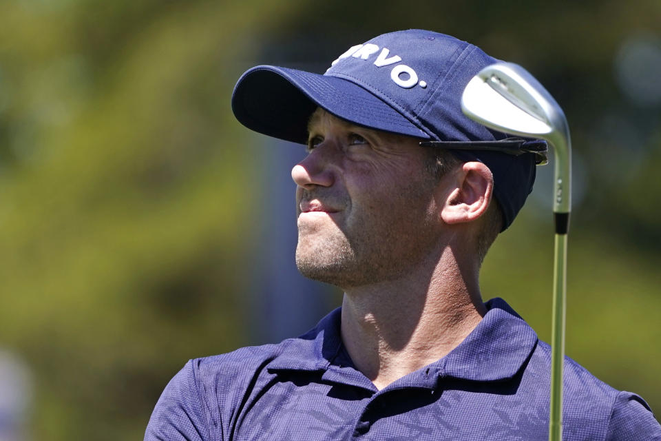 Ben Silverman, of Canada, watches his shot during a practice round ahead of the U.S. Open golf tournament, Tuesday, June 14, 2022, at The Country Club in Brookline, Mass. (AP Photo/Charles Krupa)