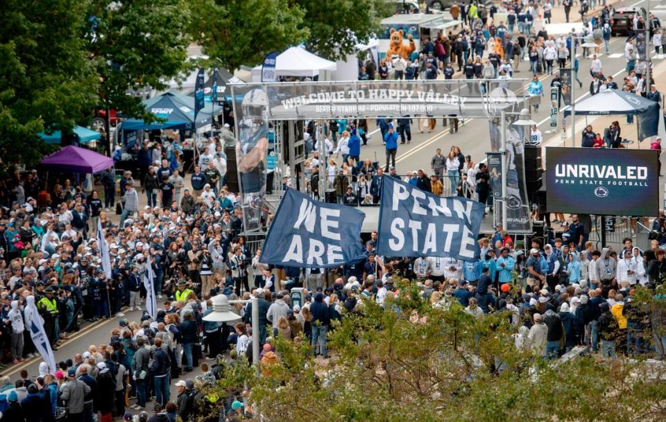 Penn State fans get pumped up the team to arrive at Beaver Stadium for the game on Saturday, Oct. 1, 2022.