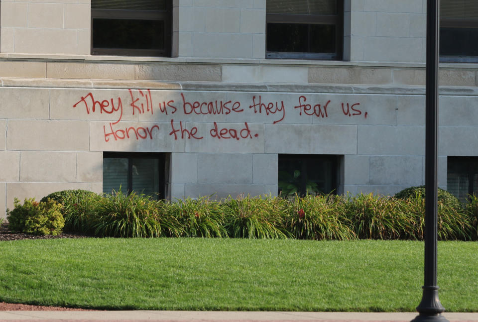 A message written by protesters on the front of the Kenosha County Courthouse. (Scott Anderson)