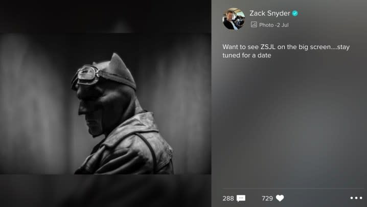 Screengrab of Batman on a post from Zack Snyder.