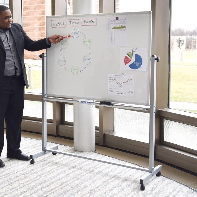 a rolling mirror with a person giving a presentation