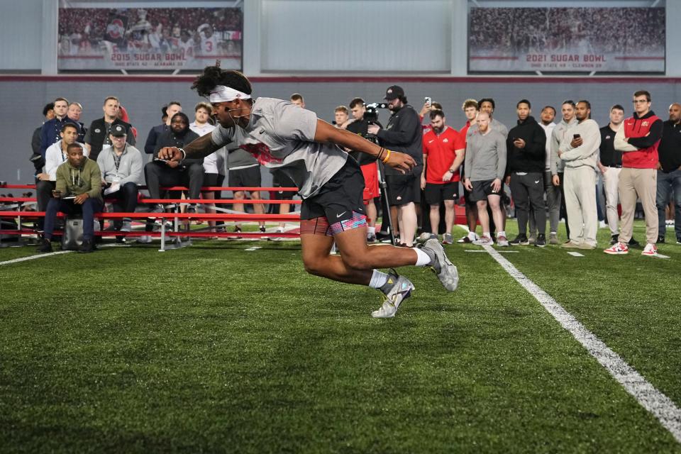 Mar 20, 2024; Columbus, Ohio, USA; Ohio State Buckeyes linebacker Steele Chambers runs a shuttle drill during Pro Day at the Woody Hayes Athletic Center.