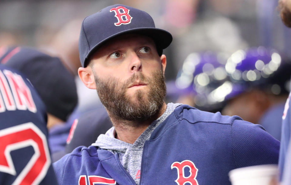 Apr 19, 2019; St. Petersburg, FL, USA; Boston Red Sox second baseman Dustin Pedroia (15) looks on from the dugout against the Tampa Bay Rays at Tropicana Field. Mandatory Credit: Kim Klement-USA TODAY Sports