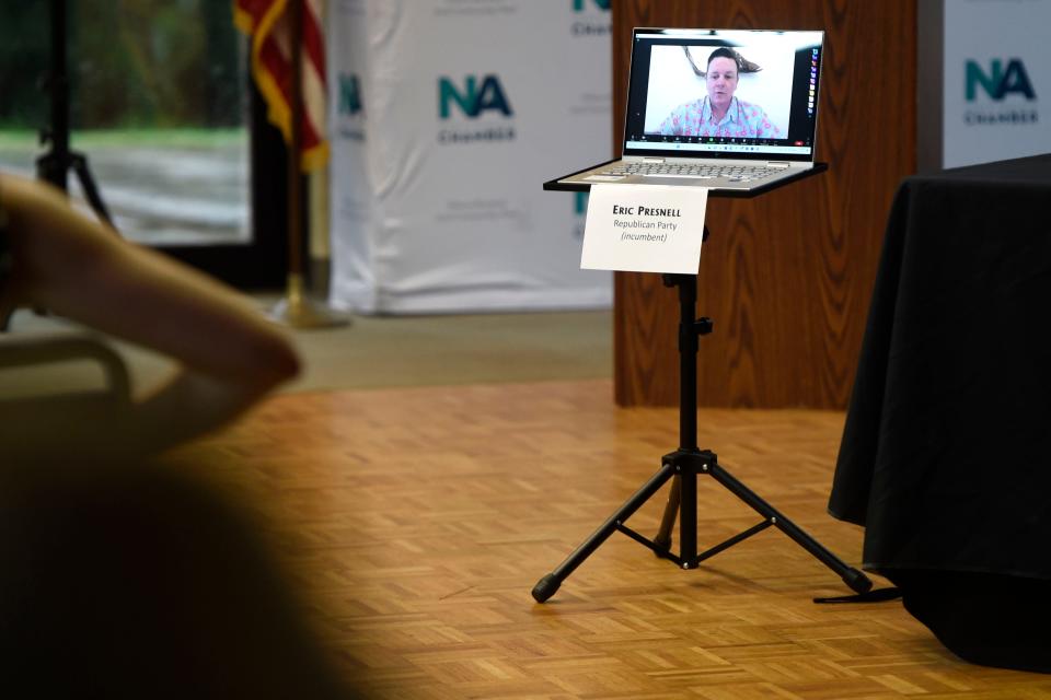 North Augusta city council candidate Eric Presnell gives his opening remarks via Zoom during the North Augusta City Council candidate forum at the North Augusta Community Center on Thursday, April 13, 2023. 