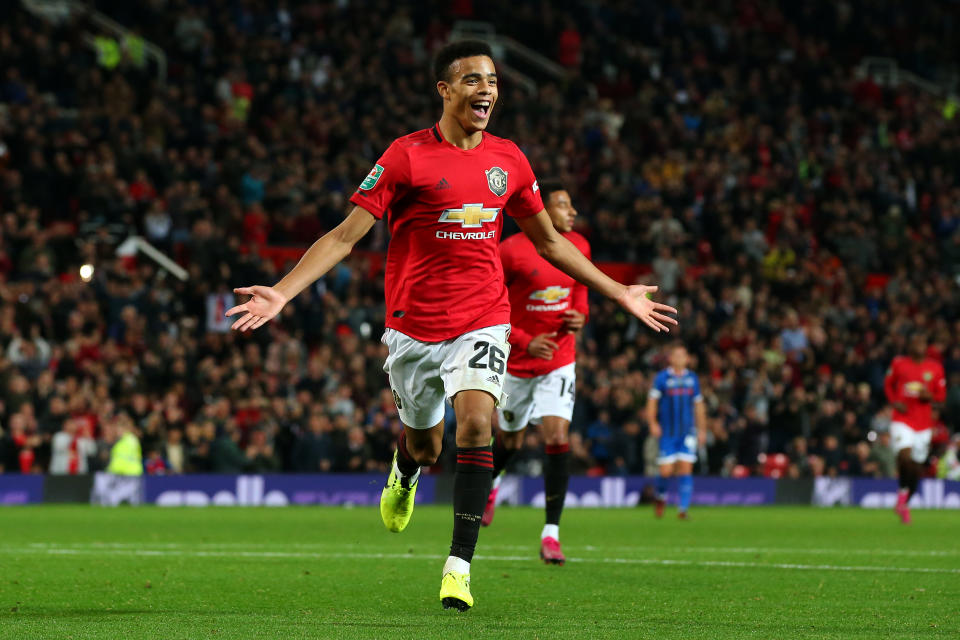 Mason Greenwood celebrates his equaliser at Old Trafford. (Credit: Getty Images)