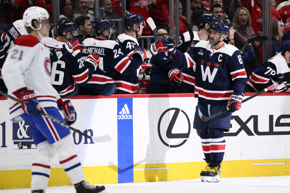 Washington Capitals left wing Alex Ovechkin (8) celebrates his goal during the second period of an NHL hockey game against the Montreal Canadiens, Tuesday, Feb. 6, 2024, in Washington. (AP Photo/Nick Wass)
