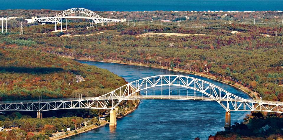 The Bourne and Sagamore bridges and the Cape Cod Canal.