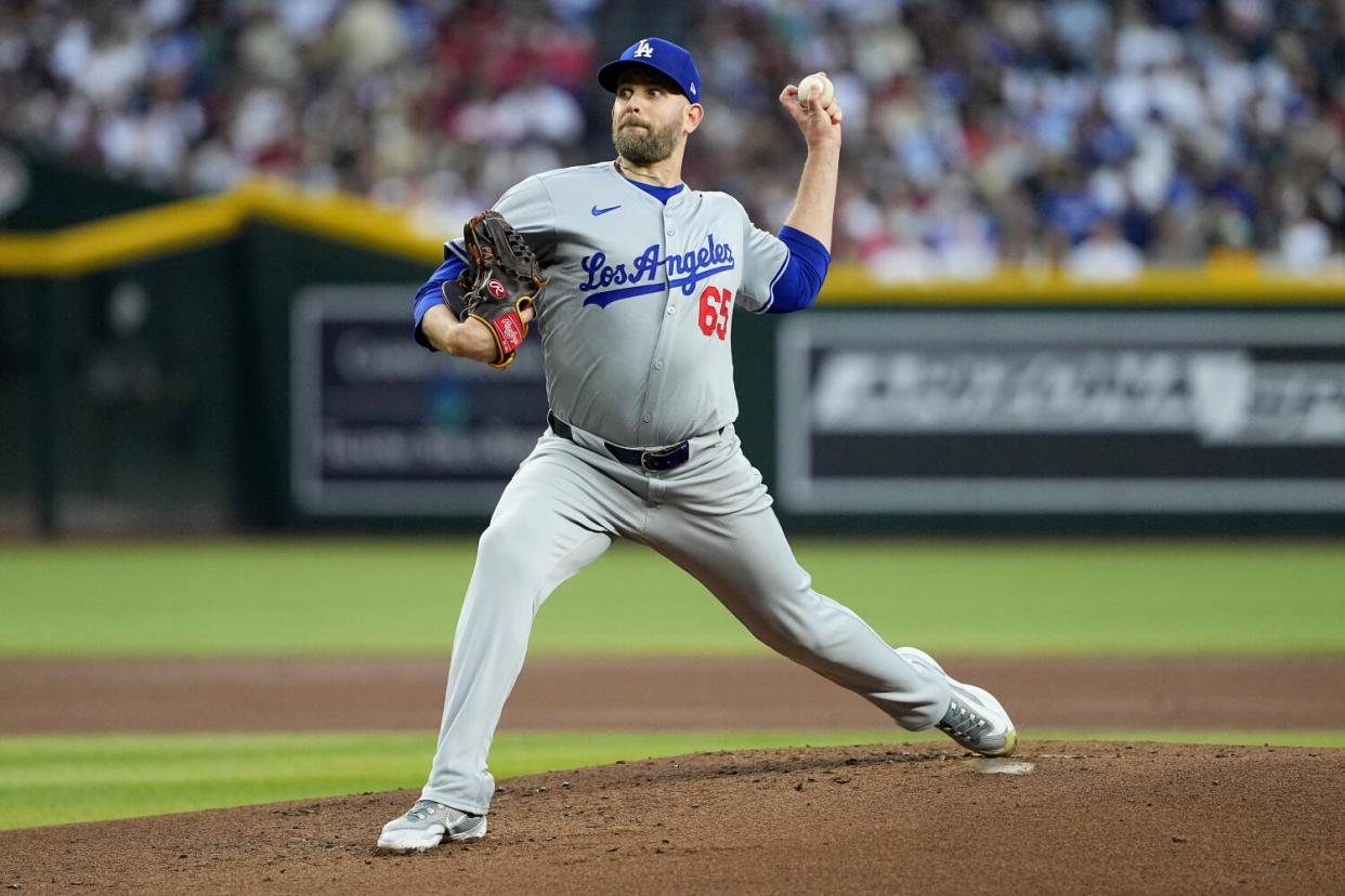 Los Angeles Dodgers pitcher James Paxton throws against the Arizona Diamondbacks.