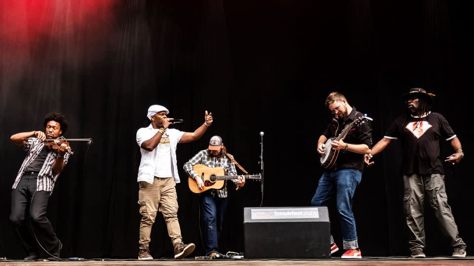 US bluegrass and hip hop group Gangstagrass performs on stage of the Smukfest Music Festival in Skanderborg, Denmark, on August 3, 2023. - Helle Arensbak/Ritzau Scanpix/AFP via Getty Ima