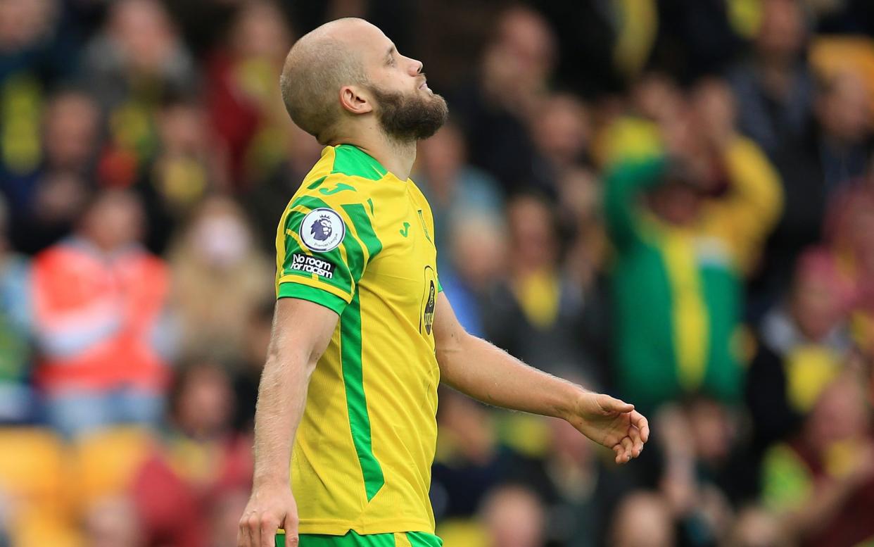 Teemu Pukki of Norwich City reacts after having his shot saved by Robert Sanchez of Brighton & Hove Albion (not pictured) during the Premier League match between Norwich City and Brighton & Hove Albion at Carrow Road on October 16, 2021 in Norwich, England. - GETTY IMAGES
