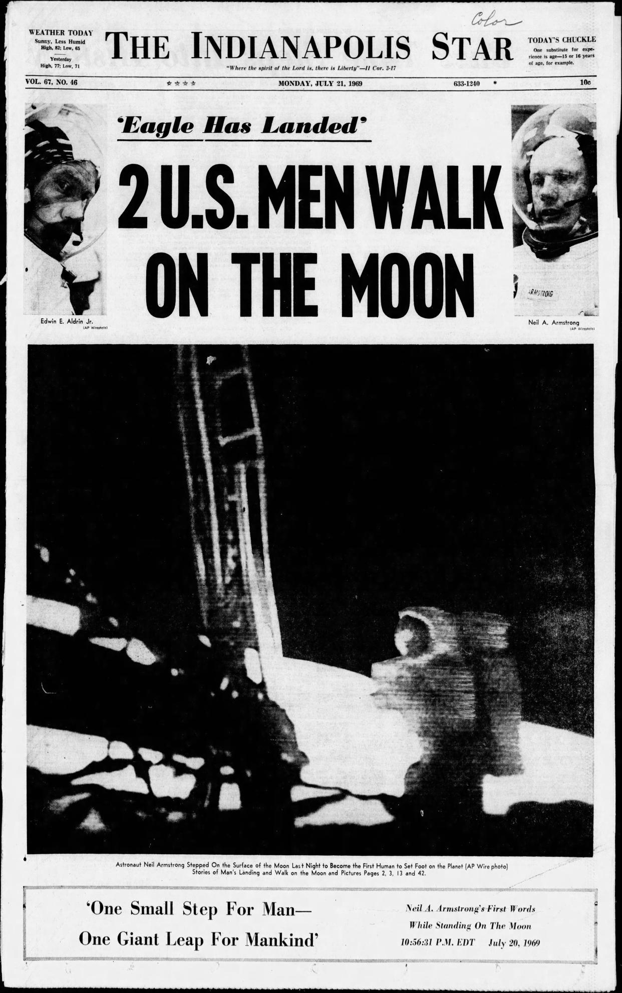Indianapolis Star from Monday, July 21, 1969 when humans first set foot on the moon
