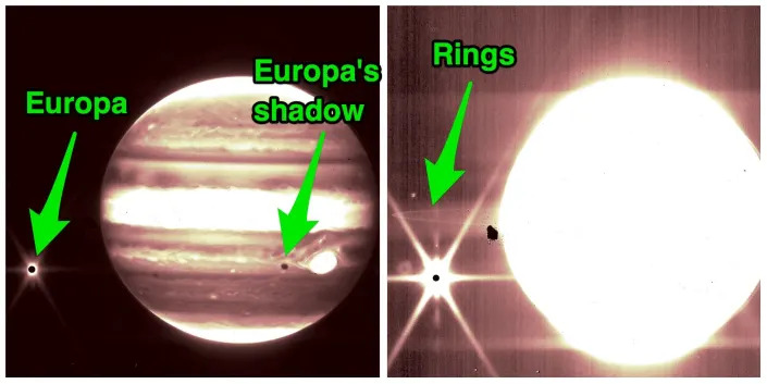 side by side images show jupiter in two types of infrared light with large moon europa and thin planetary rings