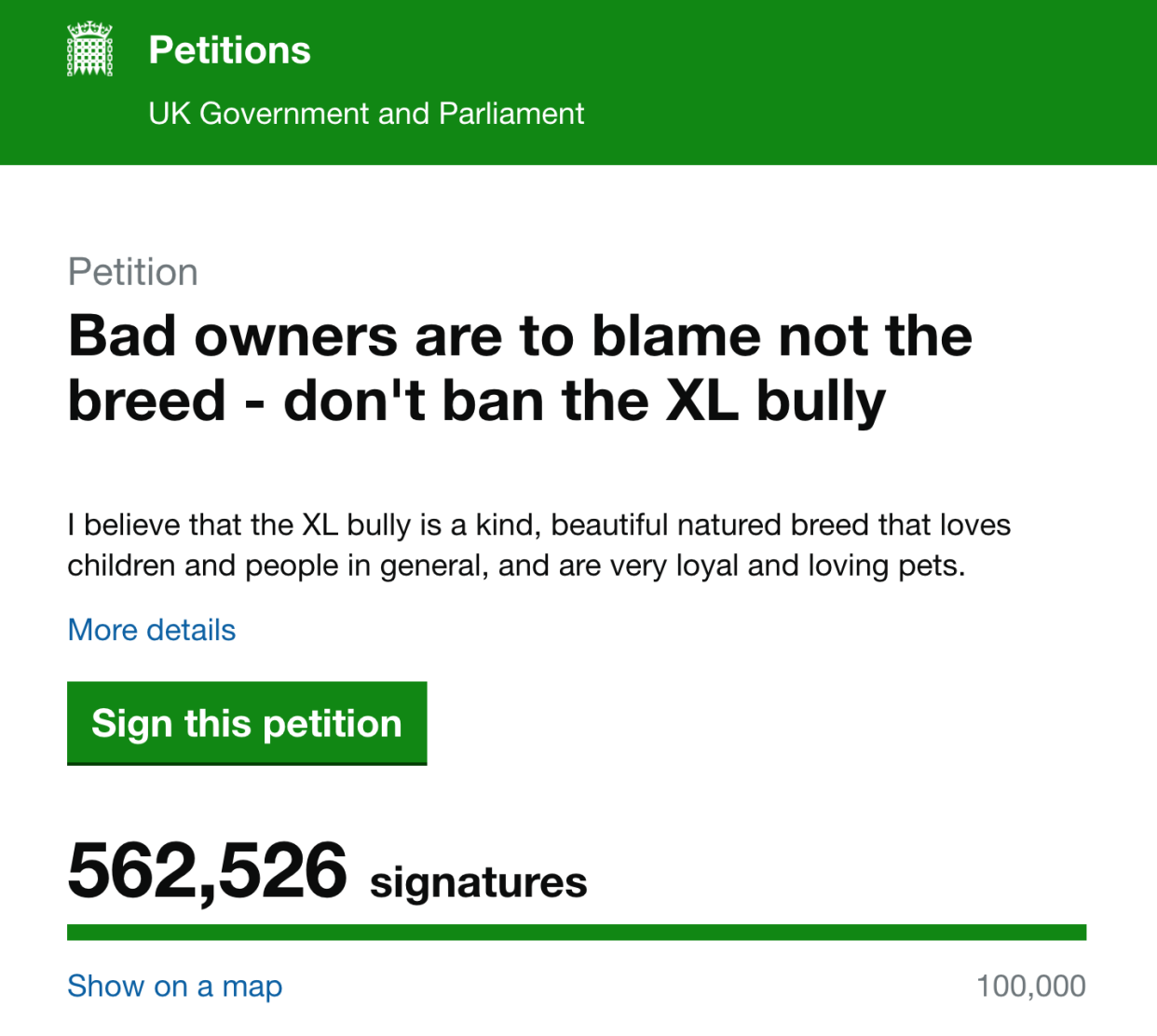 A petition against the proposed ban of the XL Bully has hit more than 560,000 signatures. (Parliament.uk)