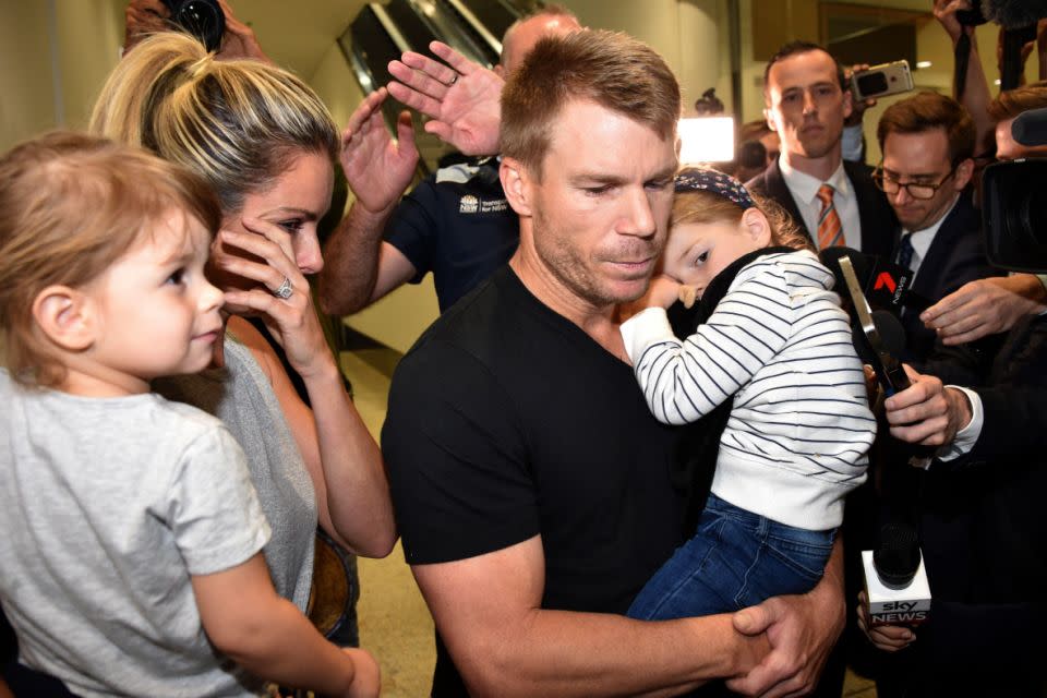 Candice broke down in tears as they faced a media scrum at Sydney Airport on their return from the fateful South African test. Source: Getty