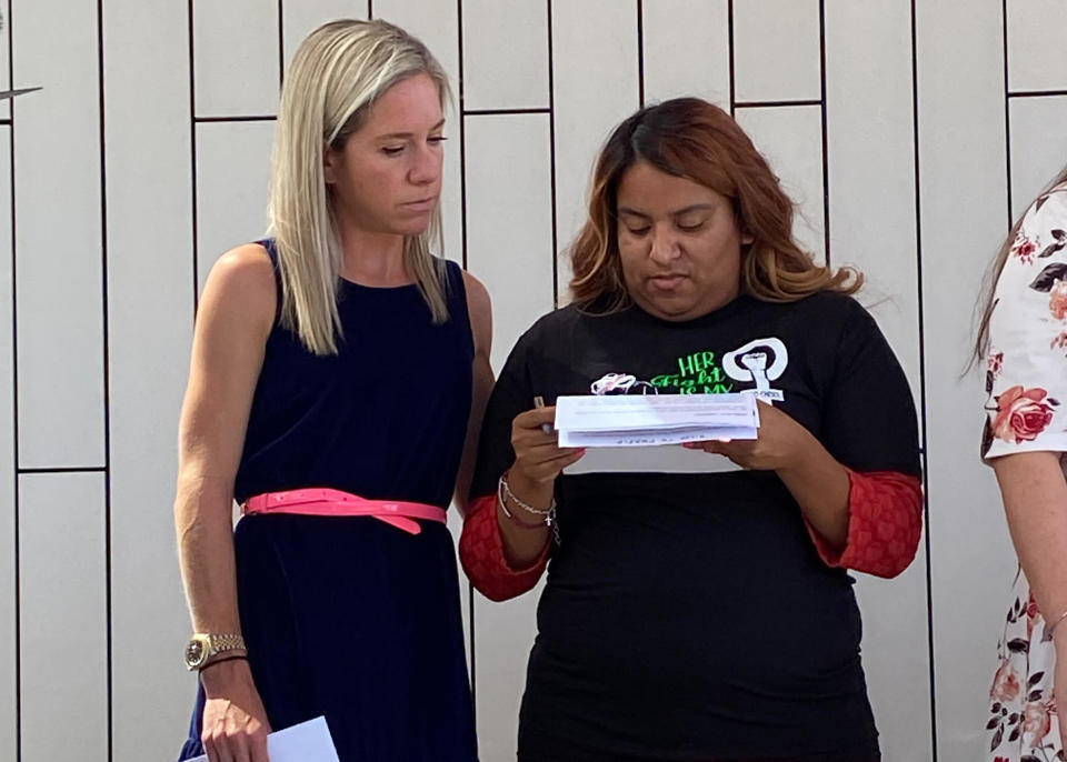 Amanda Zurawski, left, and Samantha Casiano spoke about the impact of Texas' abortion law at a hearing in Austin, Texas, on July 19, 2023. / Credit: Caroline Linton / CBS News