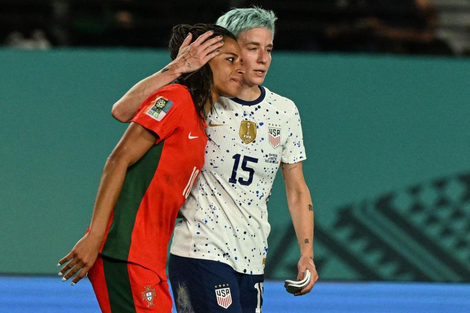 U.S. forward Megan Rapinoe comforts Portugal's Jessica Silva at the end of the 2023 World Cup Group E game. With the 0-0 draw, Portugal was eliminated.