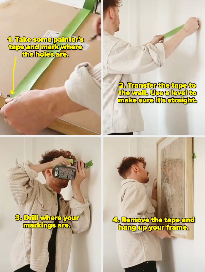 Use painter's tape to mark where the holes are, transfer it to the wall and make sure it's straight with a level. Drill where the markings are, remove the tape, and hang up your frame