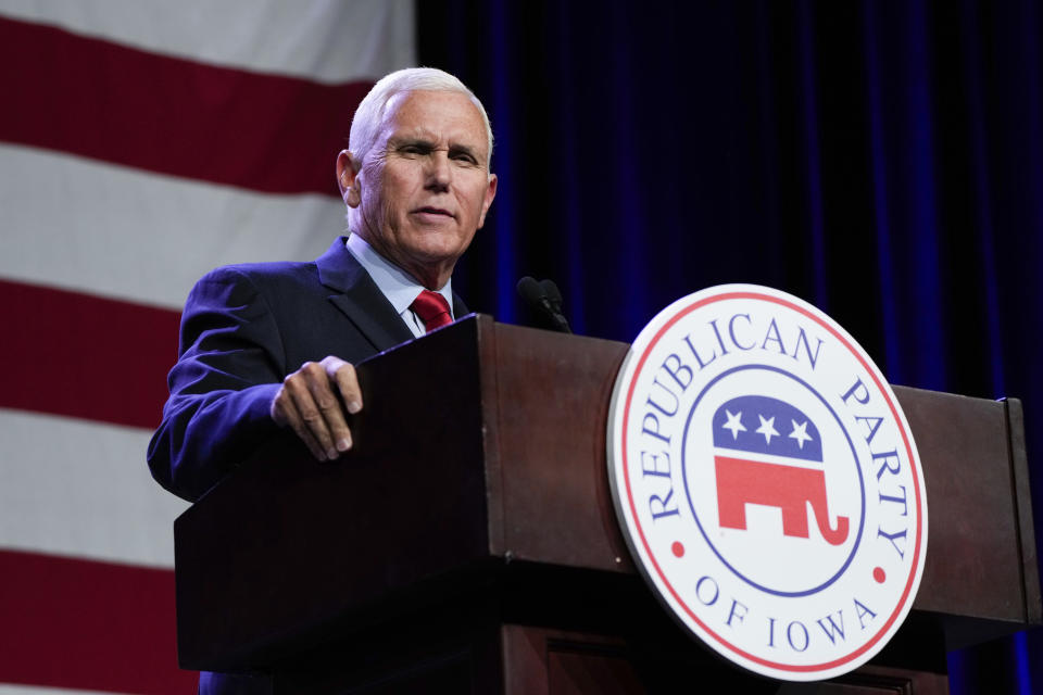 Republican presidential candidate former Vice President Mike Pence speaks at the Republican Party of Iowa's 2023 Lincoln Dinner in Des Moines, Iowa, Friday, July 28, 2023. (AP Photo/Charlie Neibergall)