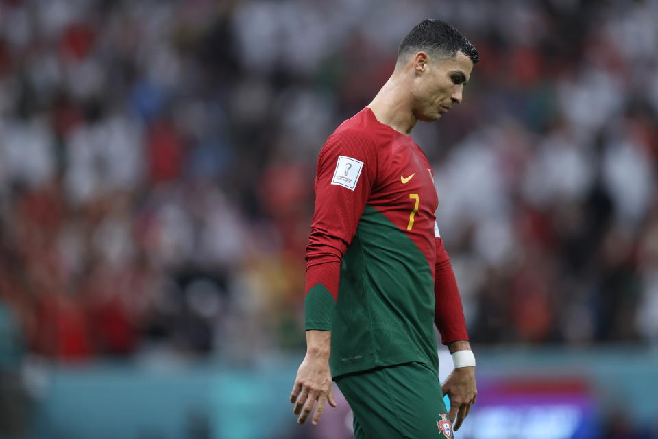 LUSAIL CITY, QATAR - DECEMBER 06: Cristiano Ronaldo (7) of Portugal gestures during the FIFA World Cup Qatar 2022 Round of 16 match between Portugal and Switzerland at Lusail Stadium on December 06, 2022 in Lusail City, Qatar. (Photo by Fareed Kotb/Anadolu Agency via Getty Images)
