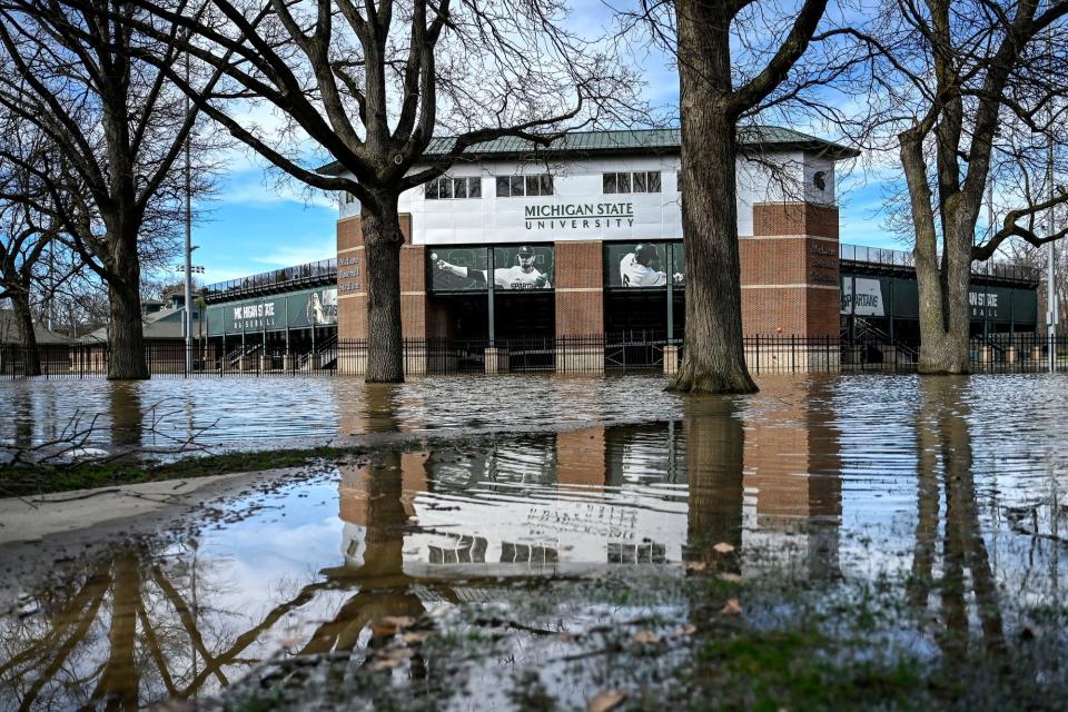 The flooded area outside Michigan State's McLane Baseball Stadium on Thursday, April 6, 2023, in East Lansing.
