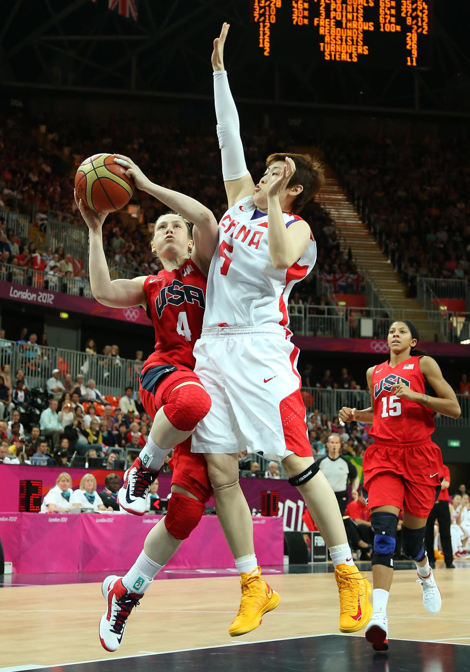 Lindsay Whalen #4 of United States drives to the basket against Yanyan Ji #6 of China during the Women's Basketball Preliminary Round match on Day 9 of the London 2012 Olympic Games at the Basketball Arena on August 5, 2012 in London, England. (Getty Images)