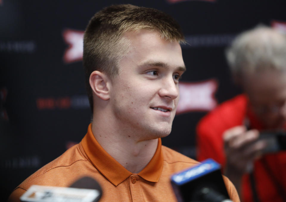 Texas quarterback Sam Ehlinger speaks during Big 12 Conference NCAA college football media day Tuesday, July 16, 2019, at AT&T Stadium in Arlington, Texas. (AP Photo/David Kent)