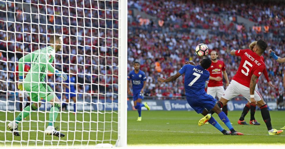 Football Soccer Britain - Leicester City v Manchester United - FA Community Shield - Wembley Stadium - 7/8/16 Leicester City's Ahmed Musa heads over Action Images via Reuters / John Sibley Livepic EDITORIAL USE ONLY. No use with unauthorized audio, video, data, fixture lists, club/league logos or "live" services. Online in-match use limited to 45 images, no video emulation. No use in betting, games or single club/league/player publications. Please contact your account representative for further details.