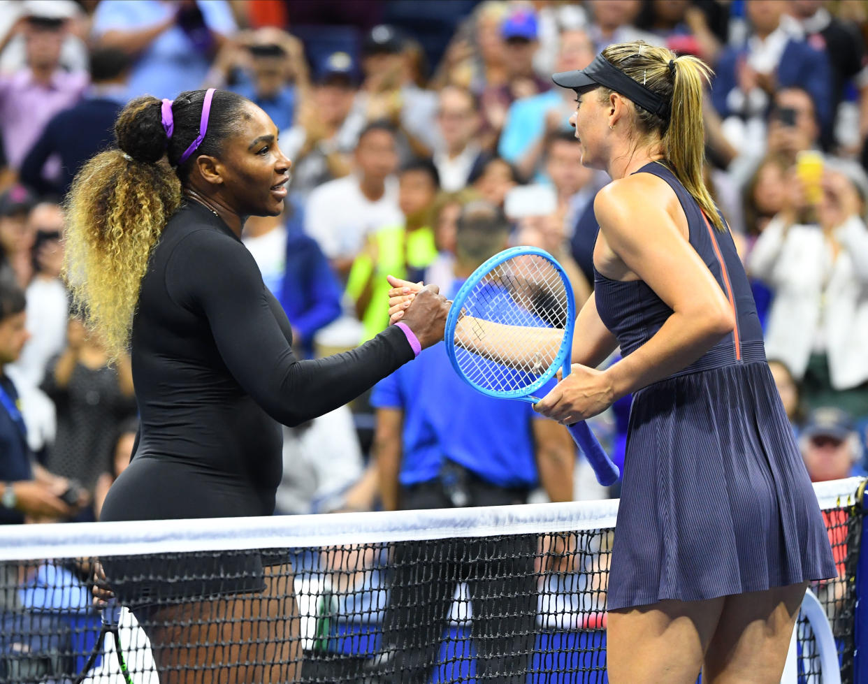 Aug 26, 2019; Flushing, NY, USA; Serena Williams of the USA shakes hands with Maria Sharapova of Russia after their first round match on day one of the 2019 U.S. Open tennis tournament at USTA Billie Jean King National Tennis Center. Mandatory Credit: Robert Deutsch-USA TODAY Sports