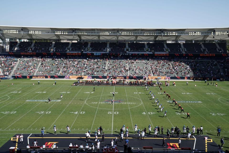 View of kickoff of an XFL game between the Los Angeles Wildcats and Dallas Renegades at Dignity Health Sports Park n Carson, California, on Feb. 16, 2020.
