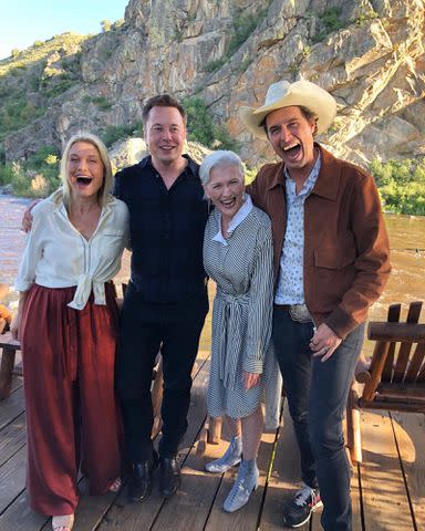 <p>Maye Musk Instagram</p> Tosa Musk, Elon Musk, Maye Musk and Kimbal Musk laughing outside.