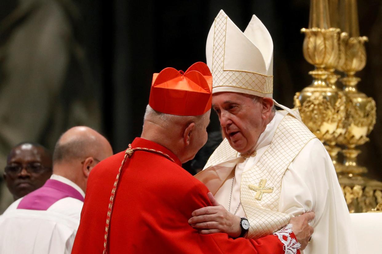 Pope Francis greets Sigitas Tamkevicius SJ, Archbishop Emeritus of Kaunas, Lithuania, October 2019 (REUTERS)