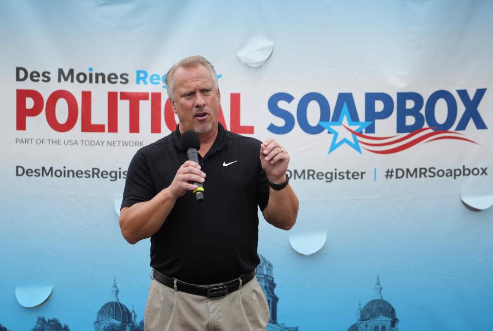 Todd Halbur, Republican candidate for state auditor, spoke at the Des Moines Register Political Soapbox during the Iowa State Fair in August.
(Photo: Bryon Houlgrave/The Register)