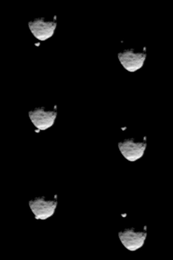 These six images from NASA's Mars rover Curiosity show the two moons of Mars moments before (left three) and after (right three) the larger moon, Phobos, occulted Deimos on Aug. 1, 2013. On each side, the top image is earlier in time than the o