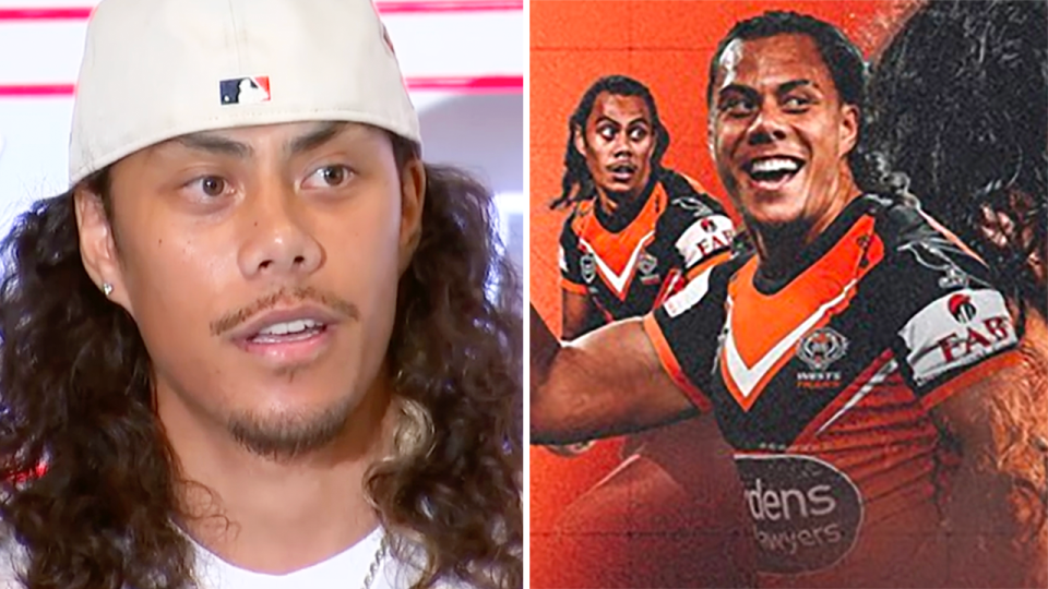 Jarome Luai during an announcement and a photoshopped image of Luai.