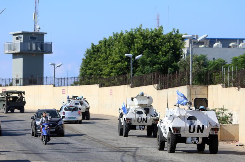A convoy of UN peacekeepers (UNIFIL) vehicles drive in Naqoura