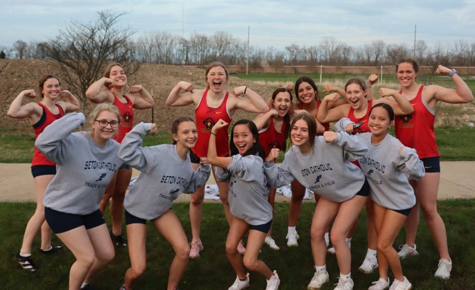 The Seton girls track team poses after winning a meet in Indianapolis April 12, 2022.