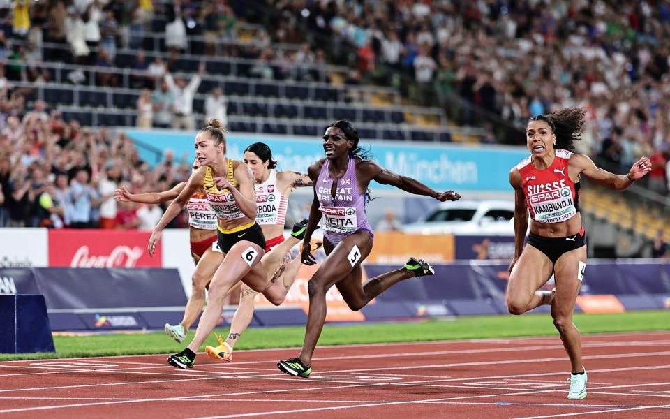 Germany's Gina Luckenkemper wins gold (just) from silver medalist Mujinga Kambundji of Switzerland and bronze medalist Daryll Neita of Great Britain in a photo finish - GETTY IMAGES