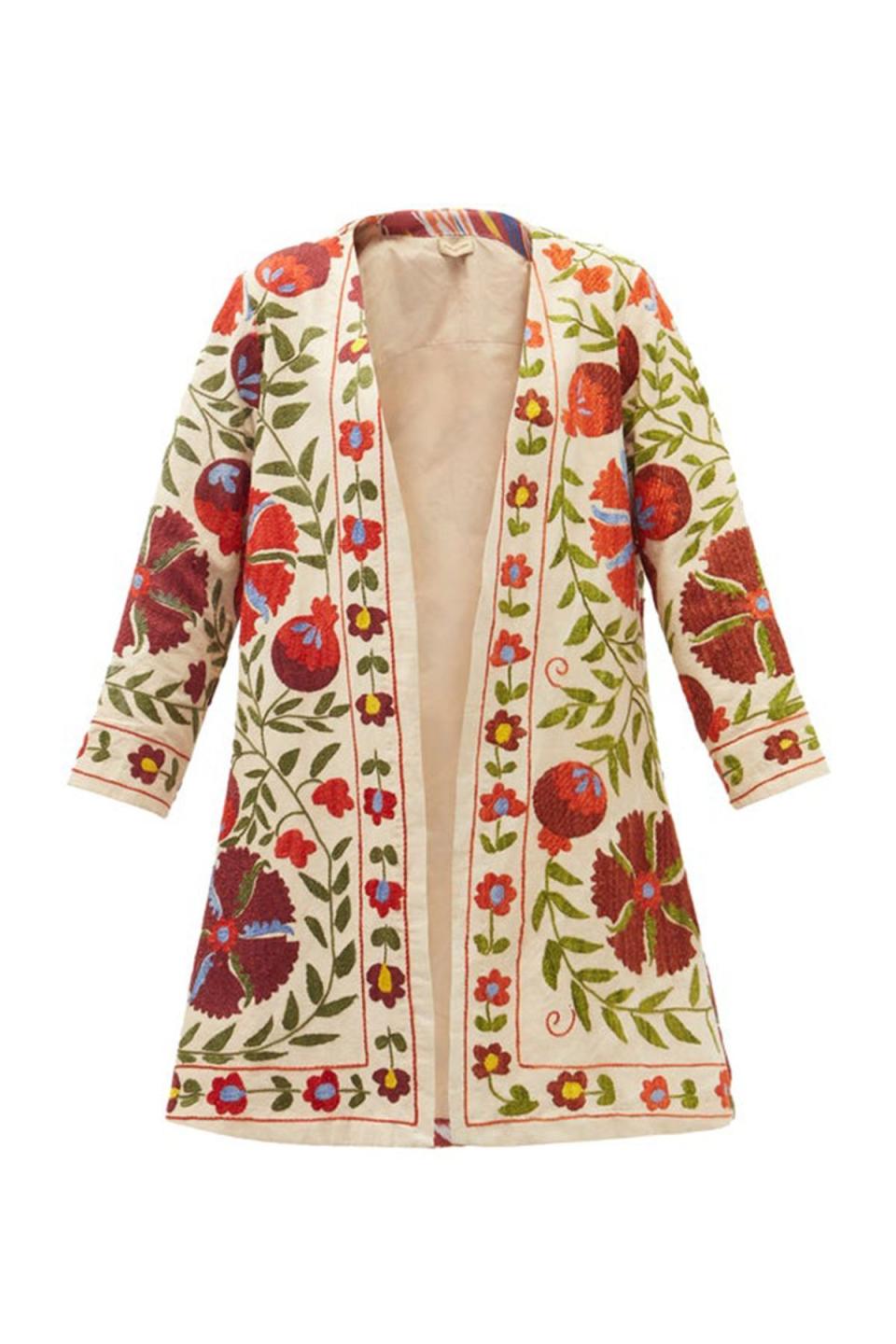 Uzbek Suzani Hand-Embroidered Cotton Coat