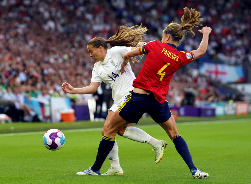 Fran Kirby battles with Spain's Irene Paredes during England's quarter-final triumph 