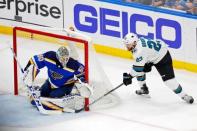 May 21, 2019; St. Louis, MO, USA; San Jose Sharks right wing Barclay Goodrow (23) shoots against St. Louis Blues goaltender Jordan Binnington (50) during the second period in game six of the Western Conference Final of the 2019 Stanley Cup Playoffs at Enterprise Center. Mandatory Credit: Billy Hurst-USA TODAY Sports