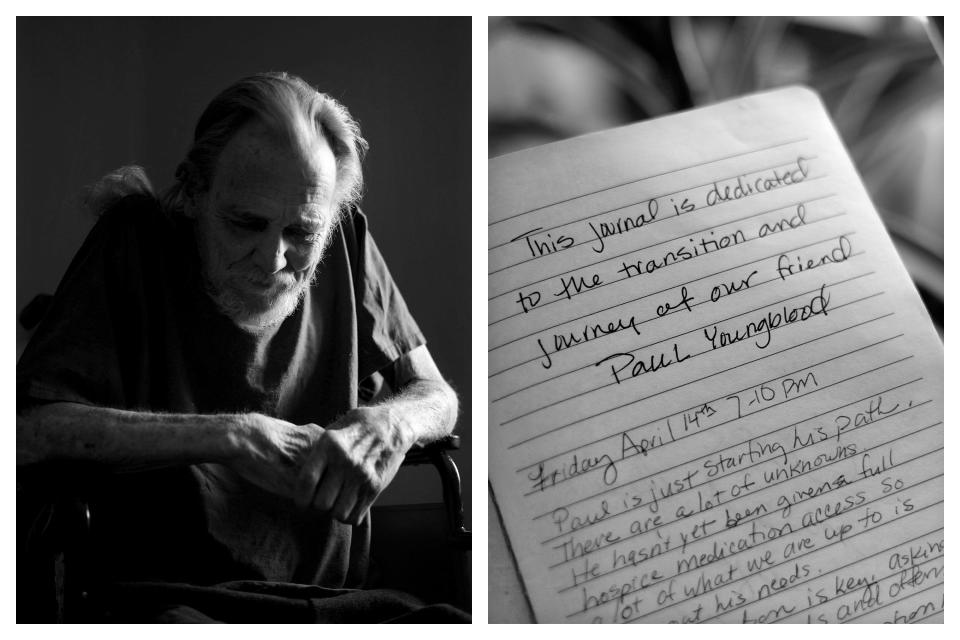 Paul Youngblood sits in his room at The INN Between in Salt Lake City on Tuesday, June 6, 2023. Youngblood arrived with chronic obstructive pulmonary disease and heart failure. Nurses, volunteers and a death doula wrote in Youngblood’s journal. There are stories of Youngblood’s love of poetry, ice cream and sugary hot coffee; losses and gains and sorrow. | Laura Seitz, Deseret News