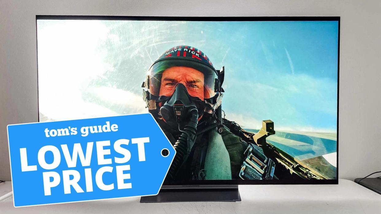  LG C3 OLED TV displaying a scene from Top Gun Maverick with a Tom's Guide deal tag 