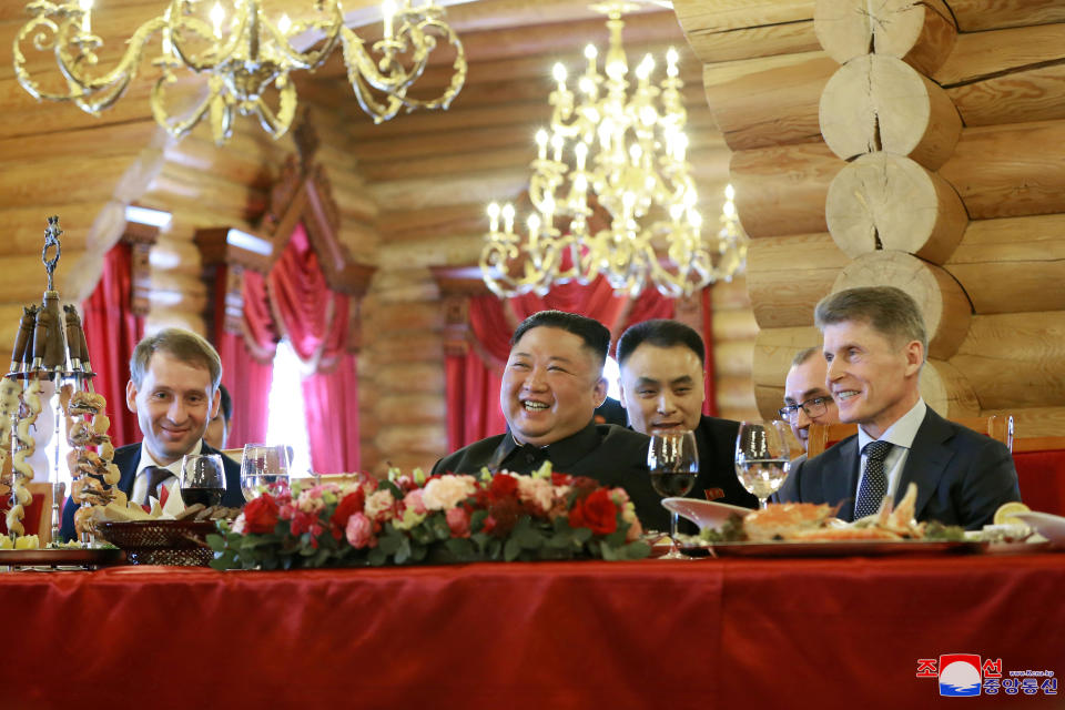 North Korean leader Kim Jong Un attends a luncheon with Minister for the Development of the Russian Far East Alexander Kozlov and governor of Primorsky Region Oleg Kozhemyako, in this undated photo released on April 27, 2019 by North Korea's Central News Agency (KCNA). KCNA via REUTERS ATTENTION EDITORS - THIS IMAGE WAS PROVIDED BY A THIRD PARTY. REUTERS IS UNABLE TO INDEPENDENTLY VERIFY THIS IMAGE. NO THIRD PARTY SALES. SOUTH KOREA OUT.      TPX IMAGES OF THE DAY