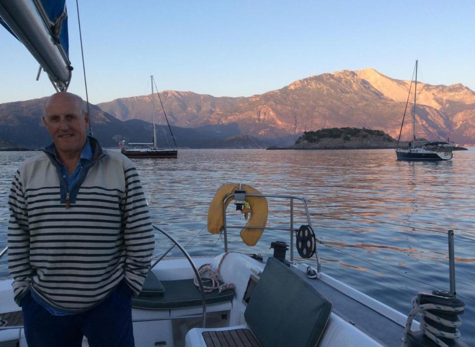 Simon on his beloved boat in his favorite place on the Turkish coast in 2019