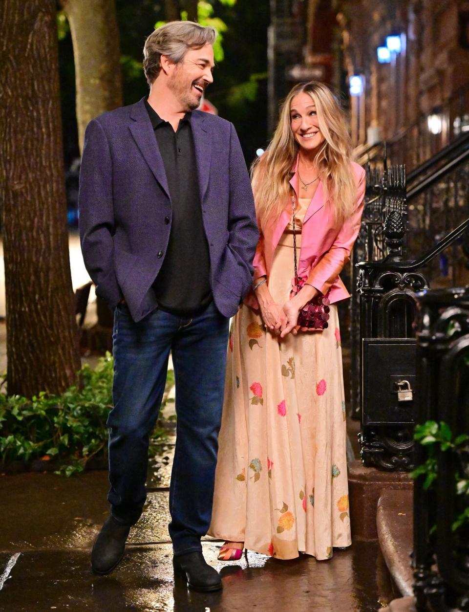 Sarah Jessica Parker and Jon Tenney seen on the set of "And Just Like That..." the follow up series to "Sex and the City" in the West Village on October 20, 2021 in New York City