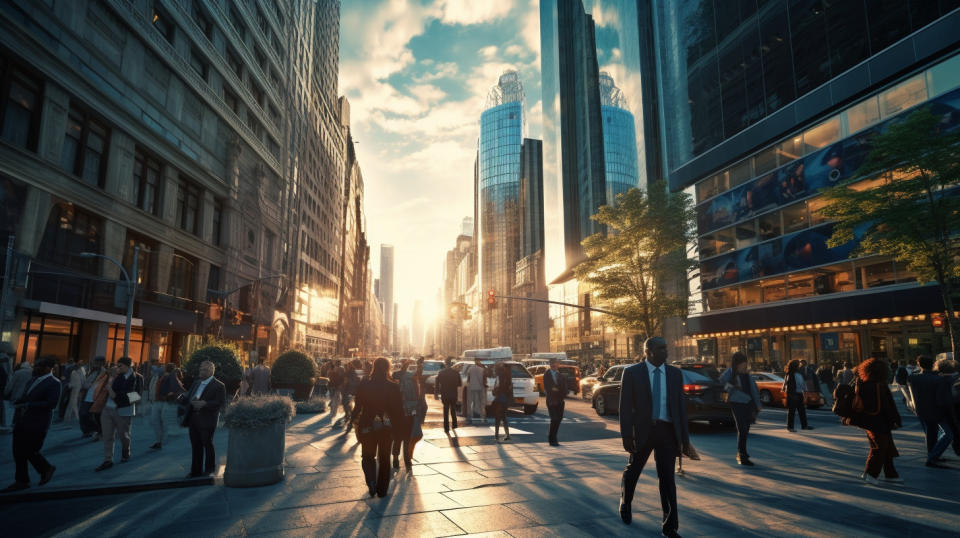 A view of a bustling city street, illustrating the financial services of the regional bank.