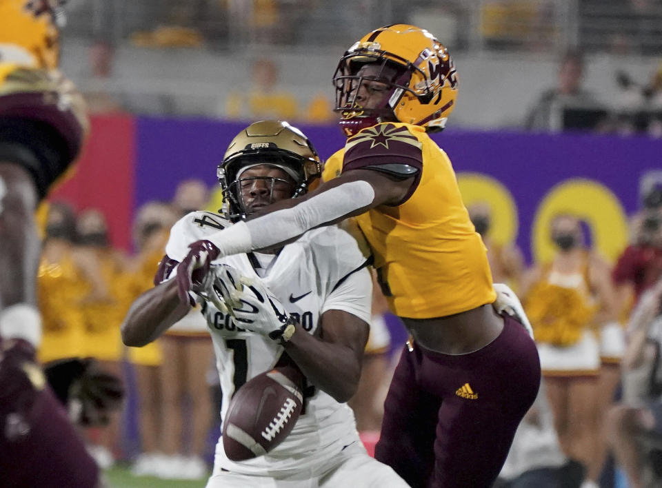 Arizona State defensive back Jordan Clark (1) deflects a pass intended for Colorado State wide receiver Dimitri Stanley (14) during the first half of an NCAA college football game Saturday, Sept 25, 2021, in Tempe, Ariz. (AP Photo/Darryl Webb)